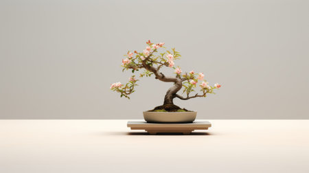 a small bonsai tree is showcased on a clean white background, resembling delicate flowers. this photo captures the essence of realistic still lifes with dramatic lighting, incorporating innovative techniques. the muted and subtle tones add a touch of elegance, reminiscent of the artistry seen during the shang dynasty. the composition is skillfully created using photobashing methods. ai generatedの素材