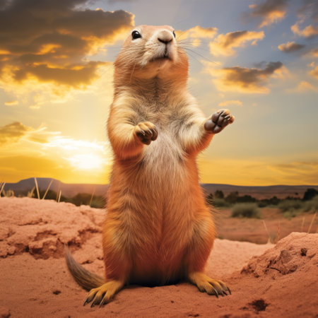 a prairie dog captured in a dynamic pose, showcasing its natural behavior and surroundings. this ground-level view offers a hyper-realistic and ultra-sharp image, with high detail, definition, contrast, and depth of field. the wide-angle shot beautifully captures the full body of the prairie dog, providing a captivating and immersive experience. ai generatedの素材