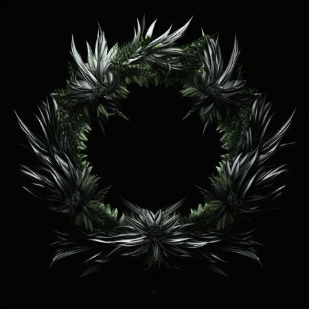 a photo featuring a captivating black background adorned with an abundance of intricately detailed feather-like plants and leaves. the composition exudes a changelingcore aesthetic, combining light silver and dark green hues. the plants are crafted from shimmering crystals, resembling organic sculptures, while a subtle rim light adds depth. the overall effect is reminiscent of a mesmerizing floral arrangement. ai generatedの素材