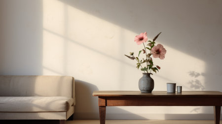 a white vase filled with pink flowers sits on a table, accompanied by a couch and an office chair. the composition is inspired by traditional japanese aesthetics, featuring naturalistic shadows and an earth tone color palette. the sunrays beautifully illuminate the scene, reminiscent of ancient chinese art. this high-resolution photo showcases minimalist staging in stunning 8k resolution. ai generatedの素材