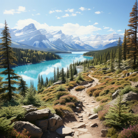 a 3d illustration of a forest with a lake, depicting a summer landscape in london. this stock photo showcases a mountainous vista, resembling an oil painting with contemporary canadian art influences. the color palette consists of dark turquoise and white, while hyper-realistic details bring the scene to life. ai generatedの素材