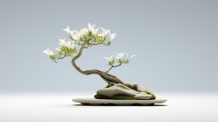 a 3d model of a surrealistic ceramic sculpture depicting a bonsai tree with white flowers. influenced by zen buddhism, the sculpture features smooth and curved lines, capturing the essence of angura kei. this associated press photo showcases the serene watercolors and humble charm of the artwork. ai generatedの素材