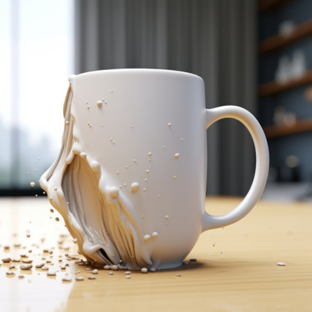 an old coffee mug on a wooden shelf, showcasing comical exaggeration and a sense of action. the physically based rendering technique highlights the soggy, porcelain texture of the mug, giving it a worn-out appearance. the overexposure adds a touch of drama to the scene, while the emphasis on action creates a sense of movement. keywords: old coffee mug, wooden shelf, physically based rendering, soggy, porcelain,の素材