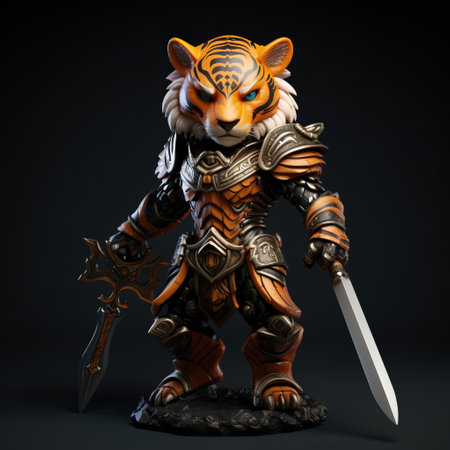 knight brand sculpture tiger-like character design with a cute and stylish style. this versatile design can be used as a keychain or figurine. the orange and black color scheme adds vibrancy, while dynamic poses and expressions bring strong movement. street dance elements like headphones and hats add a trendy touch. ai generatedの素材