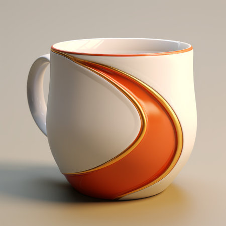 a 3d model of a kool cup featuring orange and white stripes, showcasing fluid lines and curves. the soft lighting enhances the organic shapes and curved lines, giving it an elegant and sophisticated look. rendered in maya using the sony fe 85mm f/1.4 gm lens, this porcelain cup is adorned with a beautiful combination of orange and gold accents. ai generatedの素材