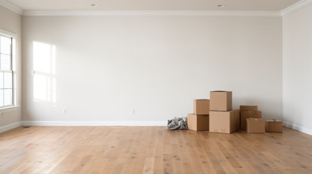 empty room with moving boxes on hardwood floor, showcasing a large-scale minimalist style inspired by lois van baarle. the room exudes a y2k aesthetic with its dark beige color palette, while embracing elements of grey academia and manapunk. the simple minimalism of the space creates a serene and uncluttered atmosphere. ai generatedの素材