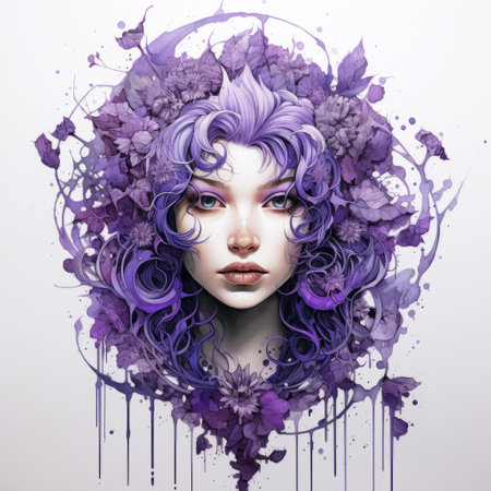 a stunning photograph capturing a beautiful girl adorned with vibrant purple flowers. the image showcases hyper-detailed illustrations and polished metamorphosis, creating an organic sculpting effect. with a limited color range, the eerily realistic portrayal of the girl's serene face makes this photo truly captivating. a contest winner in its own right. ai generatedの素材