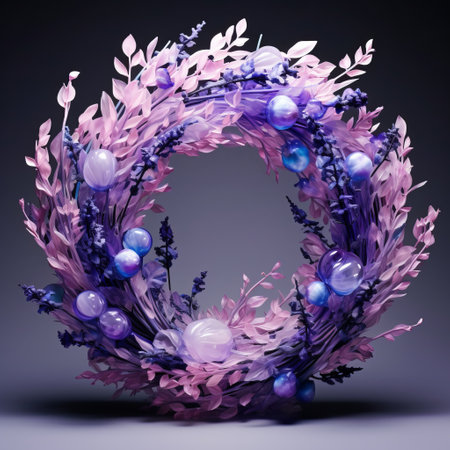 a lavender wreath, created by an abstract colorist sculptor, is showcased on a serene gray background. this unique piece combines realistic and fantastical elements, featuring conceptual light sculptures in shades of pink and indigo. with hints of rococo decadence, this artwork falls under the realm of environmental art, while also capturing the essence of hyper-realistic still life. ai generatedの素材