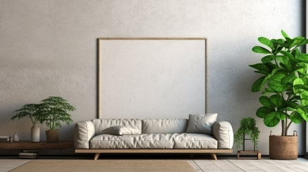modern living room featuring a sleek modern couch and a vibrant plant. this 3d rendering showcases a contemporary design with elements inspired by unprimed canvas, plaster, and artists frame. the contrasting backgrounds of white and beige create a visually appealing atmosphere. this image is available under the creative commons attribution license. ai generatedの素材