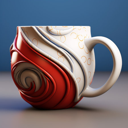 a white mug featuring a vibrant red design, showcasing the artistic style of vray tracing, twisted imagination, and daz3d. the use of common materials like light indigo and bronze adds depth to the colorful layered forms, resulting in a realistic rendering. ai generatedの素材