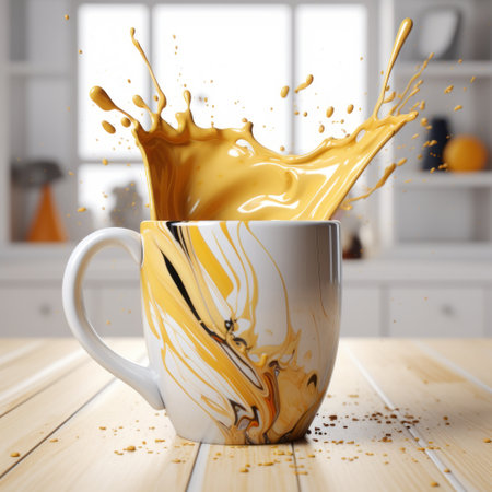 a yellow cup, rendered in the style of unreal engine, showcases drippy paint splatters and precise hyperrealism. the cup is adorned with a combination of white and gold, creating a visually striking contrast. the highly staged scenes and photo-realistic techniques used in this artwork result in flowing lines that captivate the viewer's attention. ai generatedの素材