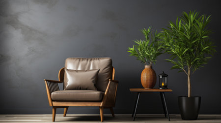 a leather chair sits in front of a wall in this 3d rendering. the style of the rendering is tropical symbolism, with a color palette of dark gray and brown. the design features nature-inspired pieces and a minimalist staging. it is a fusion of traditional and modern styles, creating charming vignettes. ai generatedの素材