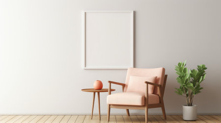 a neutral room featuring pink chairs, a plant, and a plant pot on the floor. the 3d render photo showcases an empty frame, adding a touch of intrigue. the style of the room is reminiscent of light orange hues and classic japanese simplicity. with an 8k resolution, the still life focus captures a contemporary candy-coated aesthetic, inspired by synthetism, and enhanced by the framing. aiの素材