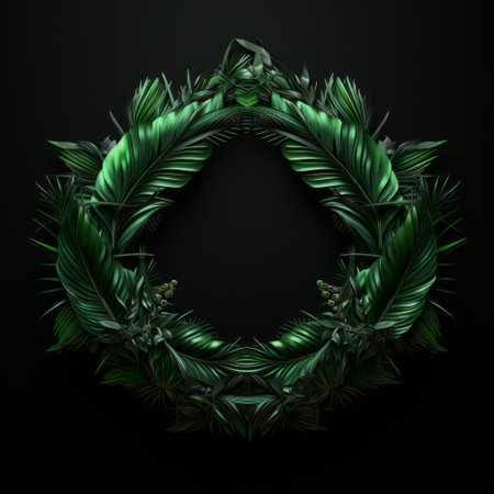a green leaf wreath, inspired by the style of oliver wetter, featuring dark symbolism and a mysterious jungle aesthetic. perfect for projects, interiors, and backgrounds. this wreath captures the essence of olafur eliasson's work with opulent ornaments and hyperrealistic compositions. its design is also influenced by occultism, resulting in a captivating and unique piece. ai generatedの素材