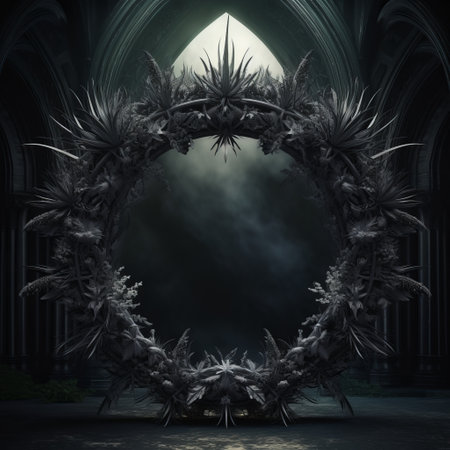 an enchanted ring is showcased in a dark nightclub, surrounded by highly detailed foliage and gothic art. the mirror reflects realistic landscapes with soft edges, creating a mesmerizing atmosphere. the dragoncore-inspired design features organic sculpting, while the hellish background adds an intriguing touch. ai generatedの素材