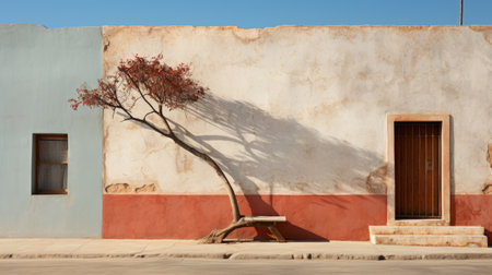 a wooden bench sits gracefully in front of a simple building, reminiscent of salvador dali's style. the light red and light indigo colors create a captivating contrast against the twisted branches. this national geographic photo, captured by fan ho, showcases a graceful balance between the light brown and red hues. ai generatedの素材
