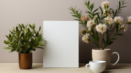 an empty blank white sheet, flower pot, and coffee cup sit on a wooden table in the style of minimalist canvases. this 8k 3d image showcases a dark beige color palette with graphic arrangements and detailed foliage. the eye-catching composition combines elements of industrial and product design. ai generatedの素材