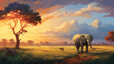 a stunning 32k uhd painting by andreas rocha featuring elephants, bushland, and trees at dusk. this artwork showcases simple yet colorful illustrations, capturing the beauty of nature. created in the style of rocha, this uhd image is a masterpiece by dima dmitriev and dmitri danish, combining elements of animals and people. ai generatedの素材