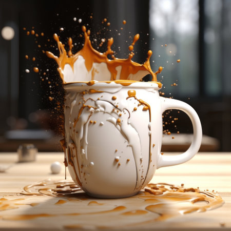 a photo of a digital design by patrick brown showcasing a hyper-detailed rendering of splattering coffee on a table. the design features smooth curves, highly staged scenes, and realistic vray tracing. the white and beige color scheme adds to the overall aesthetic, creating a sculpted and visually captivating image. ai generatedの素材