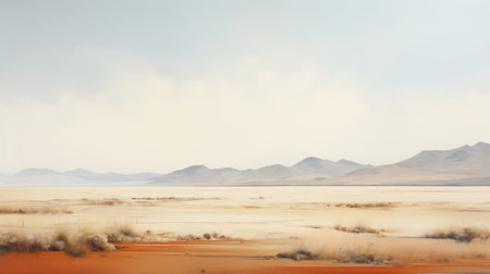 an illustration of a deserted landscape with a delicate painterly touch, captured in 8k resolution. the evocative environmental portraits showcase hyper-realistic oil techniques. shot with a canon af35m, the image features a color palette of light red and amber, creating muted seascapes. ai generatedの素材