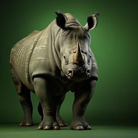 a rhino stands tall against a vibrant green backdrop in this photorealistic rendering. created using zbrush, the artwork by peter lippmann showcases bold chromaticity and strong facial expression. the attention to detail and realistic techniques bring out the distinct characteristics of this magnificent animal. ai generatedの素材
