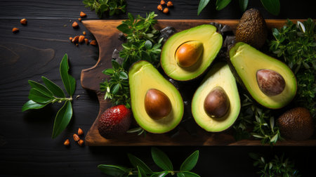 two avocados and cloves are beautifully arranged on a dark wooden board, showcasing nature-based patterns. the composition is multi-layered and the softbox lighting enhances the intricate details. this captivating image is reminiscent of the elaborate fruit arrangements seen in the works of herb trimpe and aleksandr deyneka. ai generatedの素材