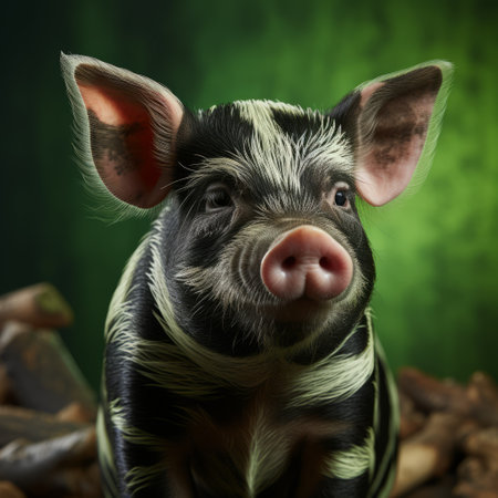 a black and white pig stands on a pile of charcoal, showcasing a unique blend of dark pink and light green colors. this digitally manipulated image features a striped painting style, with soft lighting enhancing the portrait. the overall aesthetic is reminiscent of junglepunk, with sterling silver highlights adding a touch of elegance. found on flickr. ai generatedの素材