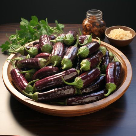 large eggplants are beautifully displayed in a small bowl on a table, showcasing a stunning combination of vibrant colors and aromatic herbs. this still life photograph captures the essence of the precisionist style, with its meticulous attention to detail and striking chiaroscuro lighting. the image exudes a sense of timeless elegance, reminiscent of the artistic movements of les nabis and the futuristic aesthetics of felinecoreの素材