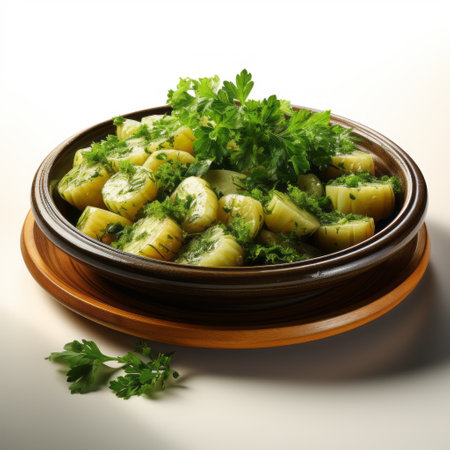 baked squab in a wooden dish, surrounded by leaves, showcases the lensbaby effect. the image features a combination of light yellow and green tones, with digitally enhanced spirals. created by herb trimpe, the photograph incorporates elements of soviet style and rounded shapes. ai generatedの素材