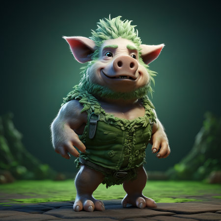 a small green pig character, dressed in green and brown cloth, is depicted on the ground. this zbrush-style creation by caras ionut showcases a junglepunk-inspired fantasy character. the uhd image, reminiscent of bill gekas' charming characters, captures the intricate details of this unique creation. ai generatedの素材