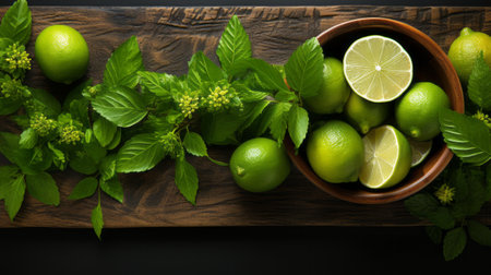 a bowl filled with freshly squeezed lime juice is accompanied by lime leaves and cloves. the photo showcases a fusion of eastern and western flavors, with a touch of wood veneer mosaics adding an artistic element. the use of vray tracing and rtx technology enhances the visual appeal, while the dark and gritty ambiance adds a unique touch. stephen shortridge's website is the perfect platformの素材