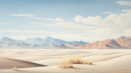 a photo featuring a stunning desert landscape and majestic mountains, captured in soft brushstroke realism. this high-resolution 8k image showcases subtle gradients and embodies the popular prairiecore aesthetic. with its flattened perspective and delicately rendered landscapes, it is perfect for large canvas sizes. ai generatedの素材