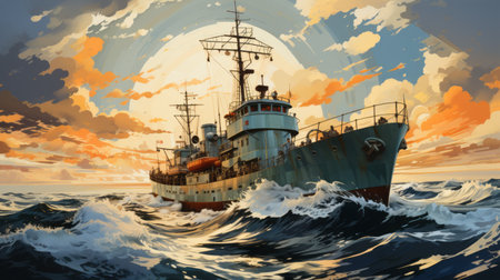a post-war, soviet-style digital illustration depicting a detailed character design of a ship sailing in the ocean. the aggressive brushstrokes and fisheye lens effect add a unique touch to the artwork, while the waves and clouds create a dynamic atmosphere. the backlighting enhances the dramatic feel of the scene. ai generatedの素材