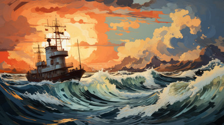 a ship sails through stormy seascapes in this graphic novel-style painting. the aggressive digital illustration captures the charm of sovietwave with its richly colored skies and impressive panoramas. the artwork also features charming character illustrations. ai generatedの素材