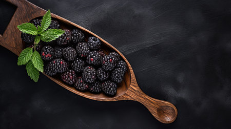 wooden bowl filled with ripe blackberries, arranged in a striped pattern on a dark background. this stunning photograph, reminiscent of bess hamiti's style, captures the vibrant colors and textures of the fruit. taken with a minolta riva mini camera, the high-resolution uhd image showcases the intricate details. the composition draws inspiration from alfred heber hutty and the american barbizon school, while also evoking the artisticの素材