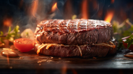 hamburger: a mouthwatering, grilled tenderloin beef cut, captured in a professional pastel-colored room. this macro photograph showcases soft shadows, no contrast, and a shallow depth of field achieved through focus stacking. the image is beautifully lit in an evenly bright room, highlighting the details of this delicious dish. ai generatedの素材