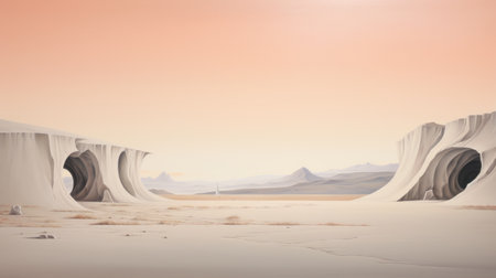 the photo showcases a minimalistic landscape in a sci-fi concept art style. with a color palette of light orange and beige, it exudes a restrained serenity. taken with a nikon d750, the image captures the essence of desertwave, featuring light silver and light pink tones. the influence of oscar niemeyer's architectural designs can be seen in the composition. ai generatedの素材