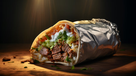 a mouthwatering burrito, made with a tender, lean cut of beef from the tenderloin, is beautifully captured in this professional pastel-colored room. the soft shadows and lack of contrast create a visually pleasing atmosphere. the use of a low f-stop of 1.2 and depth of field techniques, along with focus stacking, showcases the intricate details of the burrito. this stunning macro photograph, taken with filmの素材