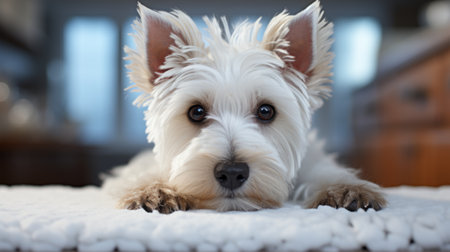 a white dog with distinct facial features sits on top of a white countertop, showcasing the glasgow style. the photo captures the distinctive textures and high definition details, with soft focal points that enhance the overall composition. this captivating image is a contest winner, showcasing the warmcore of the subject. ai generatedの素材