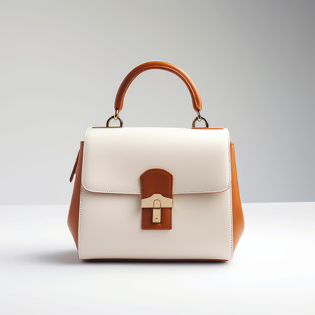 a white and tan design handbag sits on a tabletop, showcasing a minimal retouching style. this 19th-century-inspired bag is solid, structured, and exhibits high attention to detail. with its color-blocked design in light orange and dark brown, it exudes a polished craftsmanship. ai generatedの素材