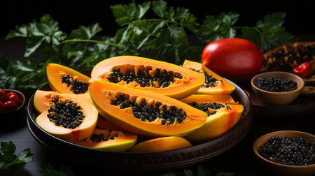 a photo of a papaya in a bowl, surrounded by vibrant peppers and other vegetables. the dark orange and light gold tones create a mysterious jungle-like atmosphere against the black background. the bold colors and precise details, including marks and textures, add depth to the image. the combination of light yellow and azure hues adds a richly layered effect. ai generatedの素材