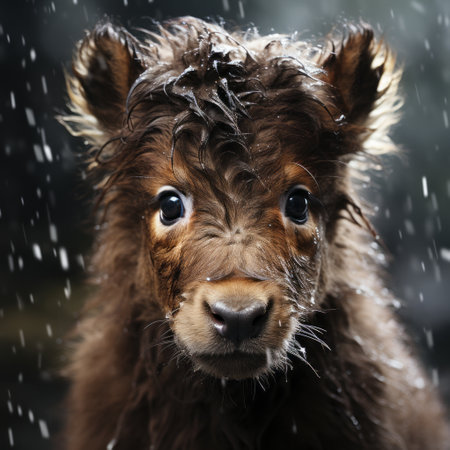 the calf, a small animal, is captured in this photograph. the image showcases the style of depictions of inclement weather, commonly seen in stereotype photography. it resembles the expressive faces often featured in national geographic photos. the technique of focus stacking is employed, along with wet-on-wet blending, reminiscent of dutch and flemish art. ai generatedの素材