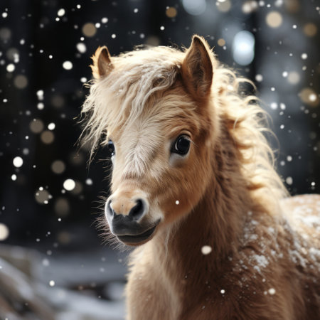 a snow pony stands in the snow, captured in a photorealistic portrait style. the image exudes playful innocence, showcasing the pony's beauty against the snowy backdrop. the zeiss batis 18mm f2.8 lens captures every detail, while the colors of dark beige and light amber add a touch of warmth. the pony's coat appears glittery and shiny, reminiscent of the artwork by luke fildes and carasの素材