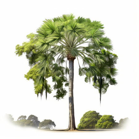 a large palm tree stands alone against a white background, showcasing its majestic presence. this national geographic photo captures the essence of layered imagery with a touch of subtle irony. digitally enhanced, it combines elements of cambodian art and scientific illustrations, reminiscent of the diverse australian landscape. the intricate details of the foliage add depth and beauty to this captivating image. ai generatedの素材