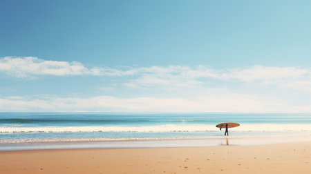 a man stands on a beach, holding a surfboard, in a minimalist landscape style. the digitally enhanced image showcases australian tonalism, with light cyan and beige tones. the serene and tranquil scene captures the essence of oliver jeffers' work. the photo is in 8k resolution, allowing for stunning detail and clarity. ai generatedの素材