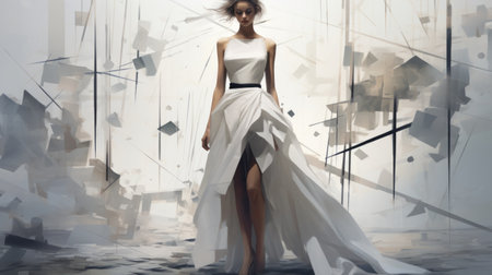 a woman in a white dress stands out in this edgy surrealism illustration, reminiscent of the styles of tibor nagy and dmitry kustanovich. the artwork showcases asymmetrical balance and draws inspiration from alexandr averin. the woman exudes an elegantly formal aura, while the strong contrast between light and dark adds depth to the composition. ai generatedの素材