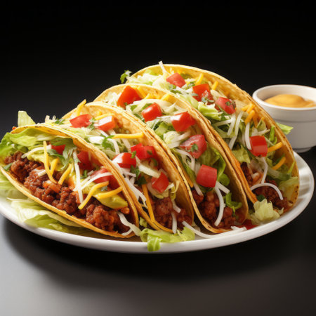 three cheese tacos are beautifully presented on a white plate, showcasing their multidimensional layers. the black background enhances the visual appeal, while softbox lighting adds a professional touch. this creative commons attribution photo, captured by the associated press, captures the deliciousness of the tacos, which may be slightly soggy. ai generatedの素材