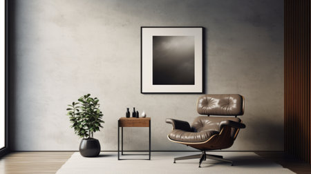 the black armchair is positioned beside a wall-mounted picture. the picture showcases a minimalist ink wash style, combining dark silver and light brown tones. it features a solarizing master technique, creating a sense of depth through layers. the design has an industrial aesthetic, reminiscent of worthington whittredge's sleek and stylized artwork. ai generatedの素材