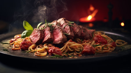 spaghetti: a mouthwatering plate of perfectly cooked pasta topped with a rich tomato sauce and sprinkled with grated parmesan cheese. the vibrant colors of the dish pop against the clean, pastel-colored background. the soft shadows and lack of contrast create a dreamy atmosphere, while the use of a wide aperture and focus stacking techniques result in a beautifully blurred background. this stunning photograph captures theの素材