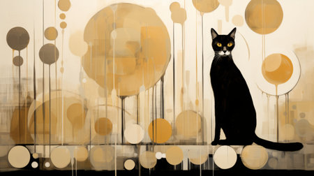 a black cat stands on a white background, surrounded by circles in the style of gold leaf and gilding. this urban dreamscape is depicted on a large canvas, with yellow and amber hues creating bold contrast and textural play. the cat's ghostly presence is enhanced by the sepia tone. ai generatedの素材